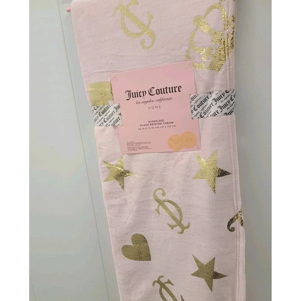 NEW Juicy Couture OVERSIZED Pink‎ Gold Crown Shimmer Printed Throw Blanket 60x70 - Picture 4 of 5